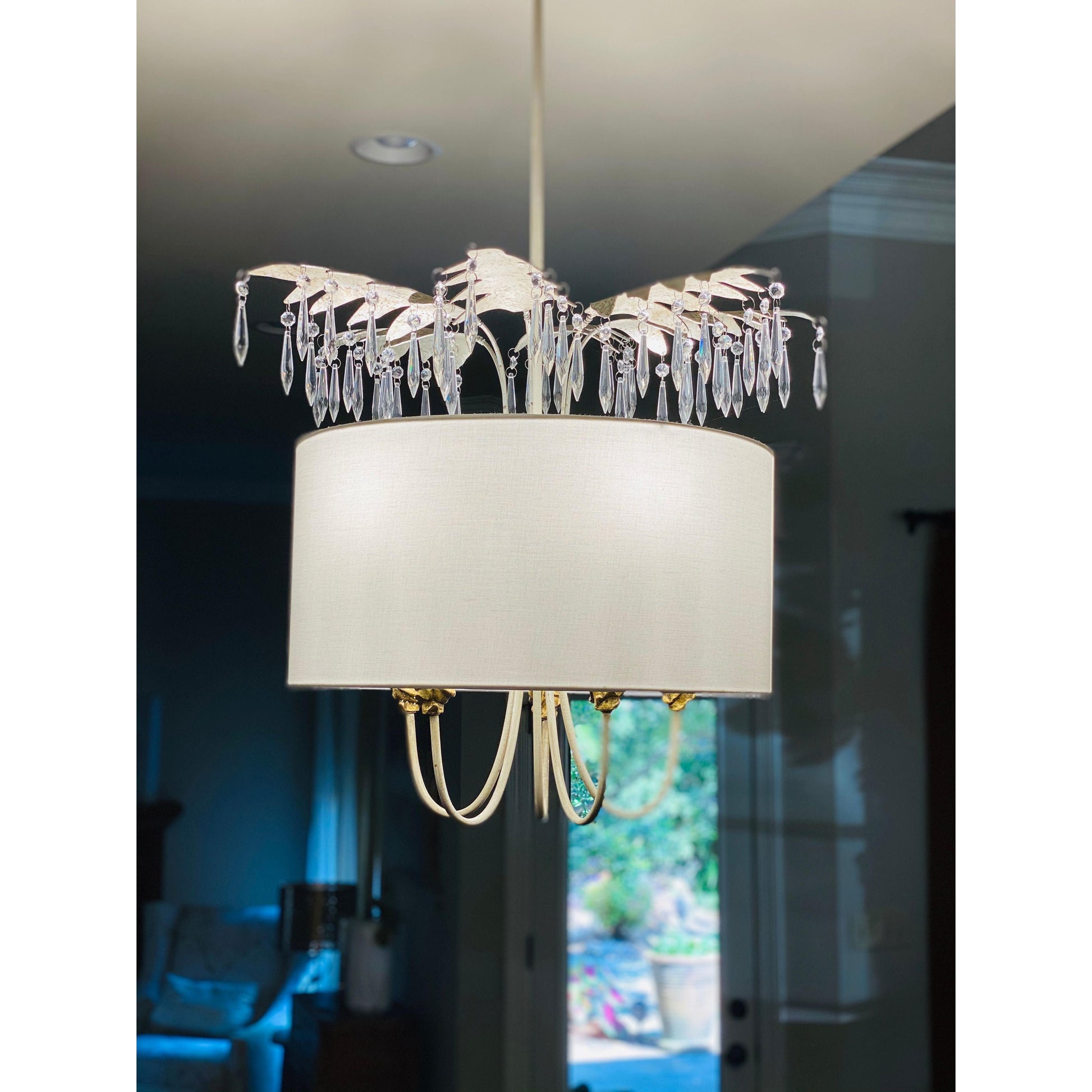 Lucas & McKearn Antoinette 5-Light Gold & Silver Pendant With Cream Linen Drum-Shaped Shade and Clear Crystal Accent