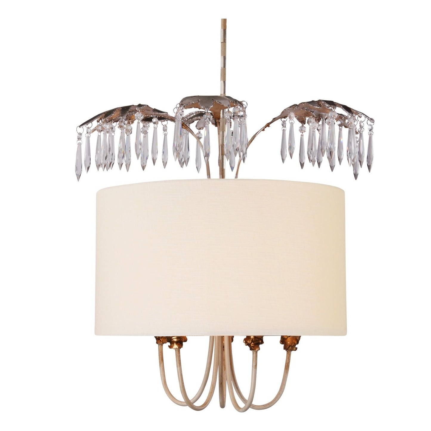 Lucas & McKearn Antoinette 5-Light Gold & Silver Pendant With Cream Linen Drum-Shaped Shade and Clear Crystal Accent
