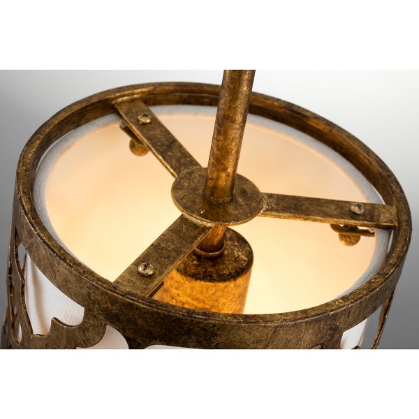 Lucas & McKearn Arabella 1-Light Distressed Gold Mini Pendant With Cream Linen Fabric Shade And Glass Diffuser