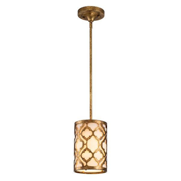 Lucas & McKearn Arabella 1-Light Distressed Gold Mini Pendant With Cream Linen Fabric Shade And Glass Diffuser
