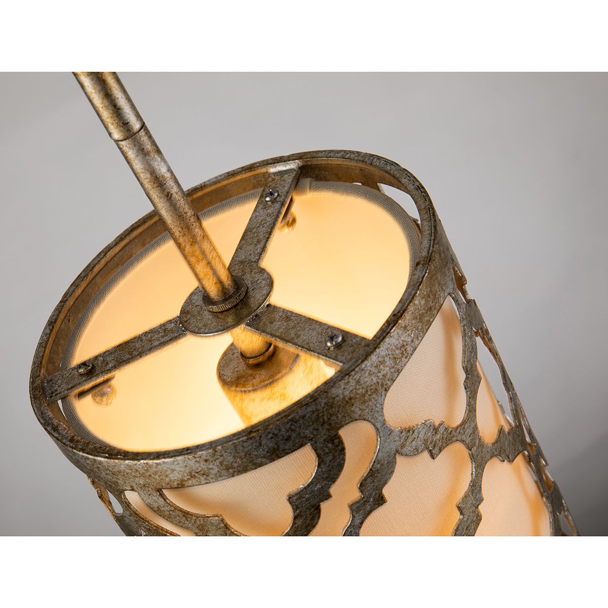 Lucas & McKearn Arabella 1-Light Distressed Silver Mini Pendant With Cream Linen Fabric Shade And Glass Diffuser