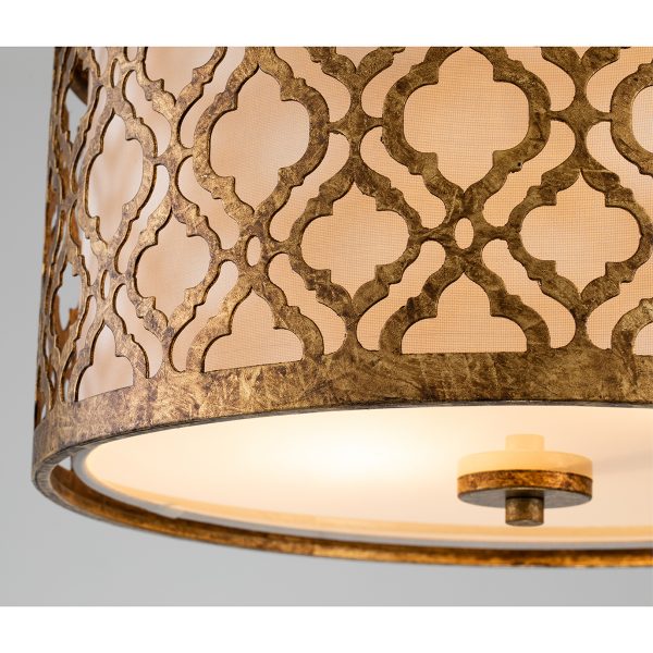 Lucas & McKearn Arabella 16" Distressed Gold Flush Mount Lighting With Cream Linen Fabric Shade and Glass Diffuser