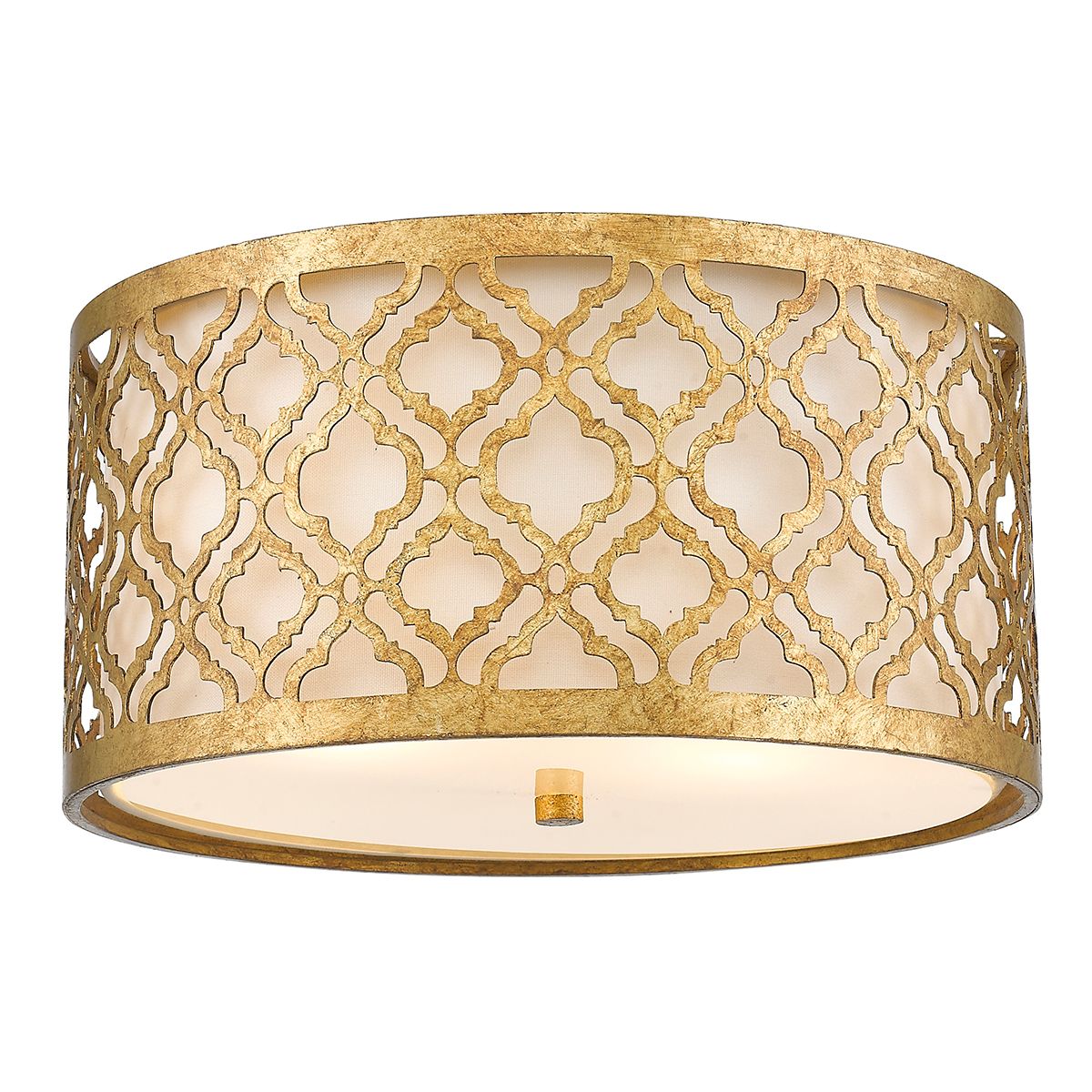 Lucas & McKearn Arabella 16" Distressed Gold Flush Mount Lighting With Cream Linen Fabric Shade and Glass Diffuser