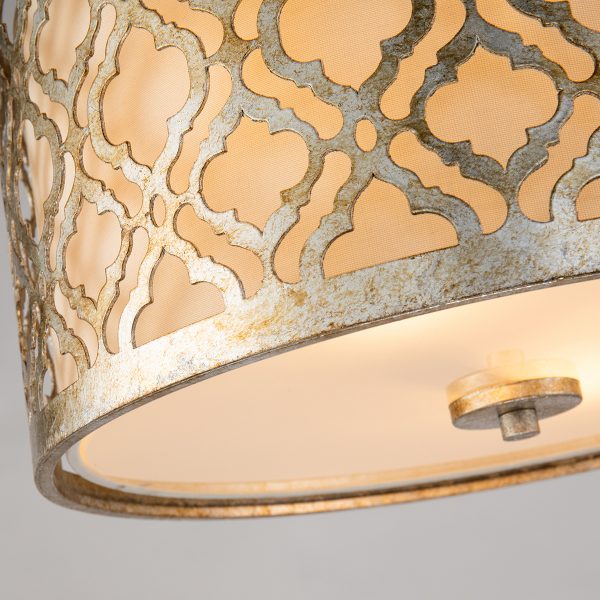 Lucas & McKearn Arabella 16" Distressed Silver Flush Mount Lighting With Cream Linen Fabric Shade and Glass Diffuser