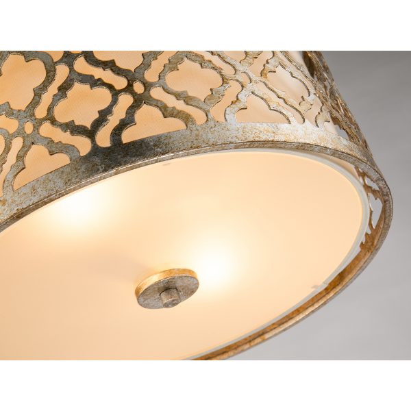 Lucas & McKearn Arabella 16" Distressed Silver Flush Mount Lighting With Cream Linen Fabric Shade and Glass Diffuser