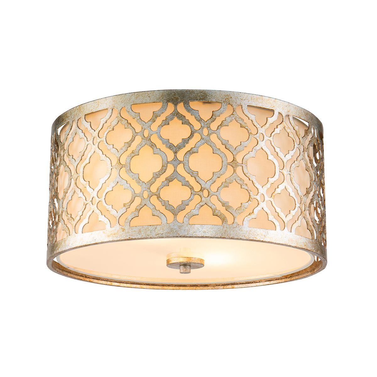 Lucas & McKearn Arabella 16" Distressed Silver Flush Mount Lighting With Cream Linen Fabric Shade and Glass Diffuser