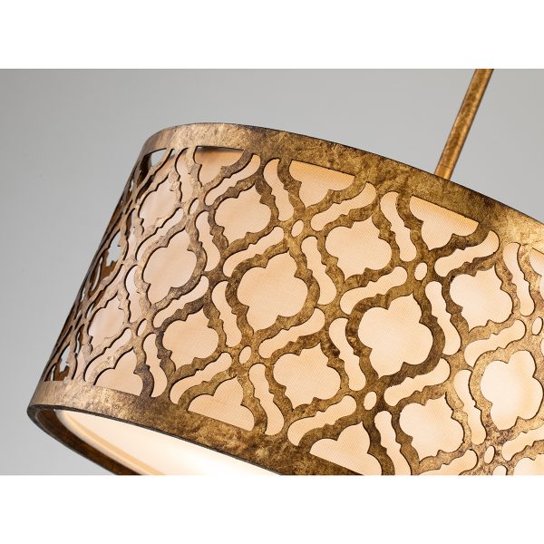 Lucas & McKearn Arabella 2-Light Distressed Gold Medium Pendant With Cream Linen Fabric Shade And Glass Diffuser