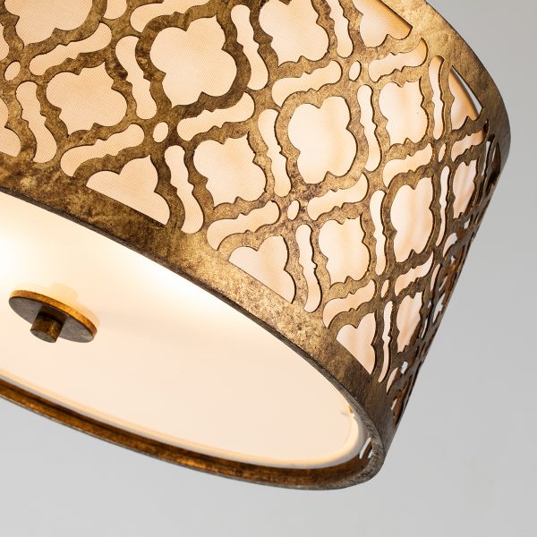 Lucas & McKearn Arabella 2-Light Distressed Gold Medium Pendant With Cream Linen Fabric Shade And Glass Diffuser
