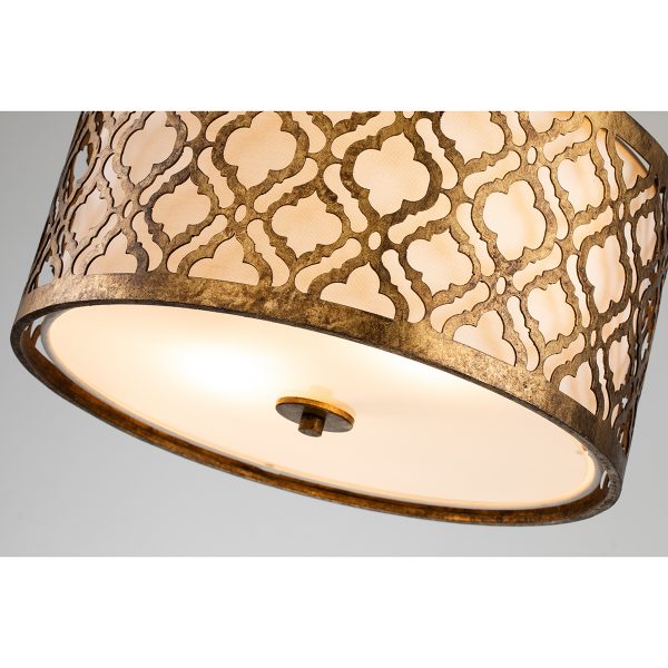 Lucas & McKearn Arabella 2-Light Distressed Gold Medium Pendant With Cream Linen Fabric Shade And Glass Diffuser