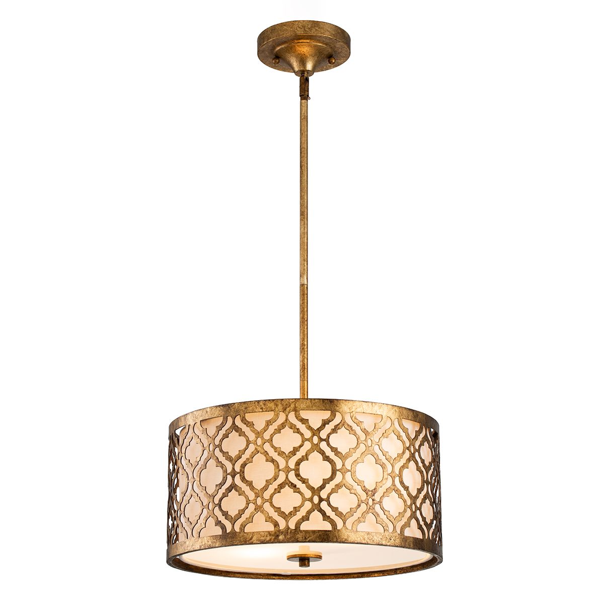 Lucas & McKearn Arabella 2-Light Distressed Gold Medium Pendant With Cream Linen Fabric Shade And Glass Diffuser