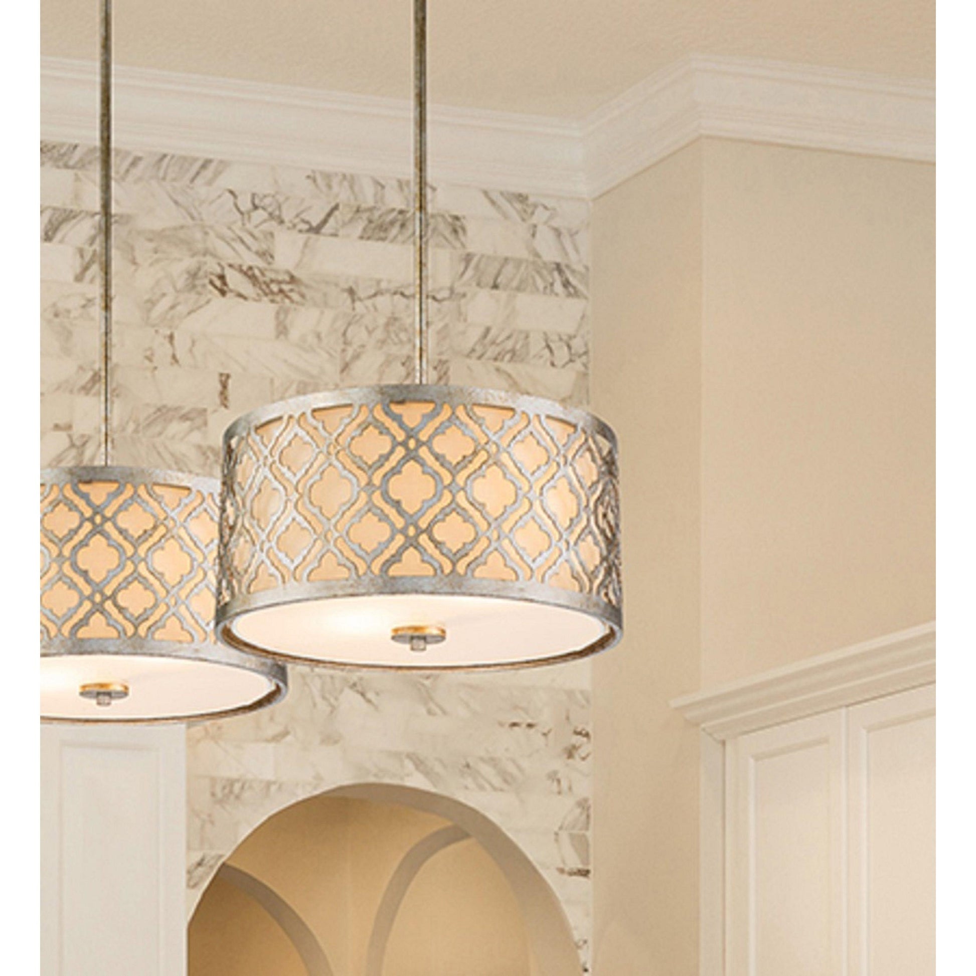 Lucas & McKearn Arabella 2-Light Distressed Silver Medium Pendant With Cream Linen Fabric Shade And Glass Diffuser