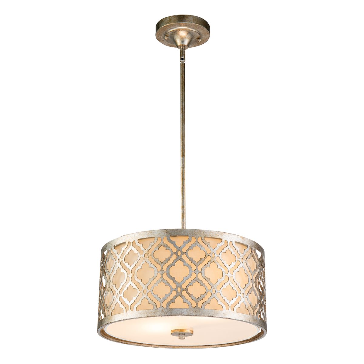Lucas & McKearn Arabella 2-Light Distressed Silver Medium Pendant With Cream Linen Fabric Shade And Glass Diffuser