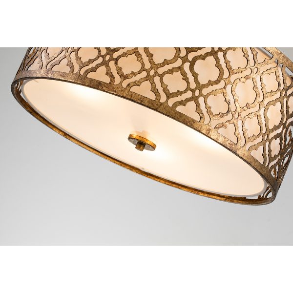 Lucas & McKearn Arabella 3-Light Distressed Gold Large Pendant With Cream Linen Fabric Shade And Glass Diffuser