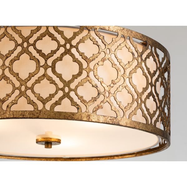 Lucas & McKearn Arabella 3-Light Distressed Gold Large Pendant With Cream Linen Fabric Shade And Glass Diffuser