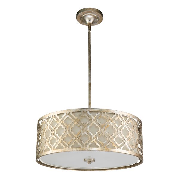 Lucas & McKearn Arabella 3-Light Distressed Silver Large Pendant With Cream Linen Fabric Shade And Glass Diffuser