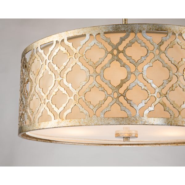 Lucas & McKearn Arabella 3-Light Distressed Silver Large Pendant With Cream Linen Fabric Shade And Glass Diffuser