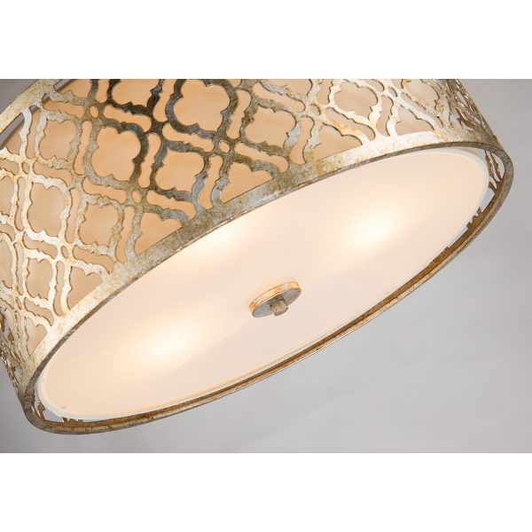 Lucas & McKearn Arabella 3-Light Distressed Silver Large Pendant With Cream Linen Fabric Shade And Glass Diffuser