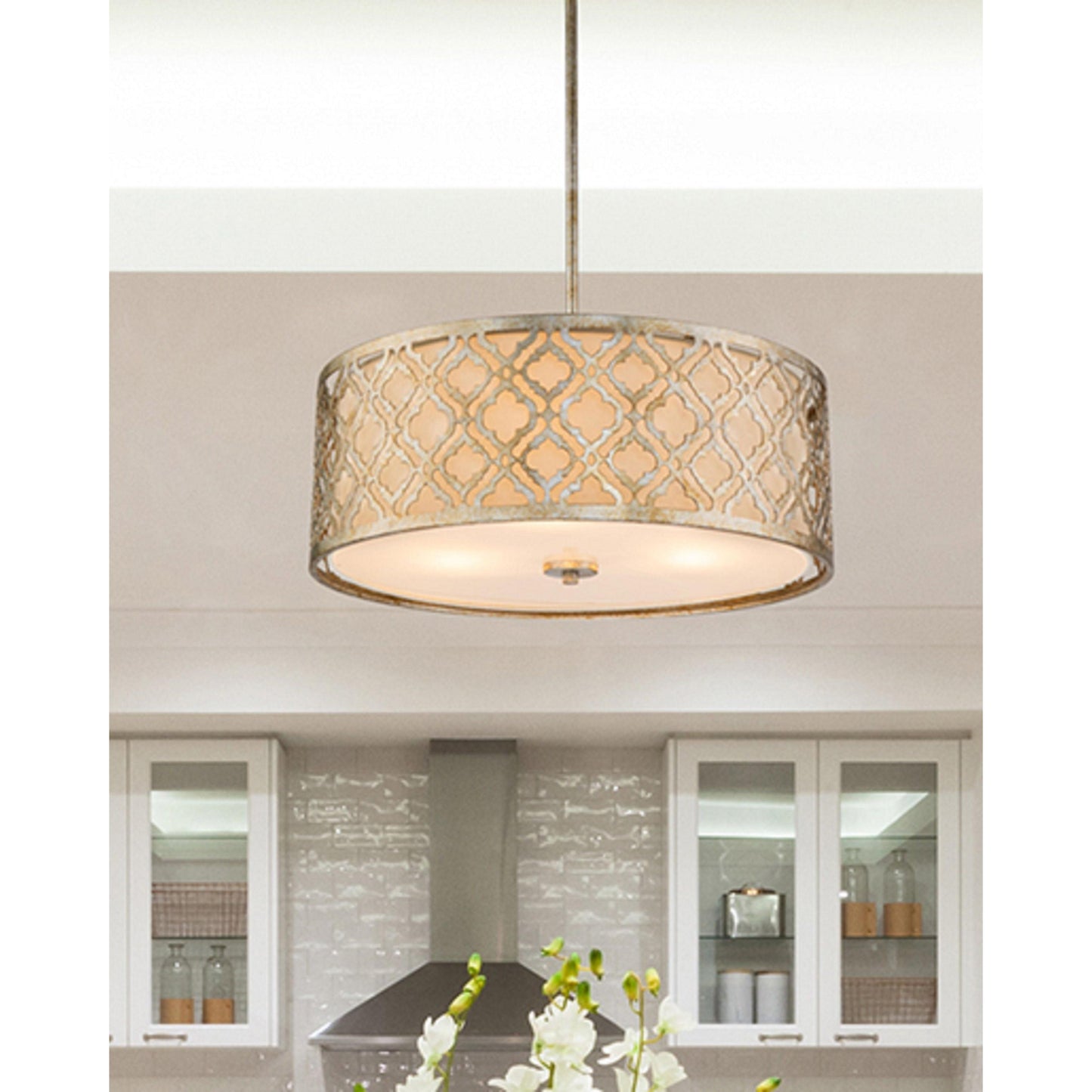 Lucas & McKearn Arabella 3-Light Distressed Silver Large Pendant With Cream Linen Fabric Shade And Glass Diffuser
