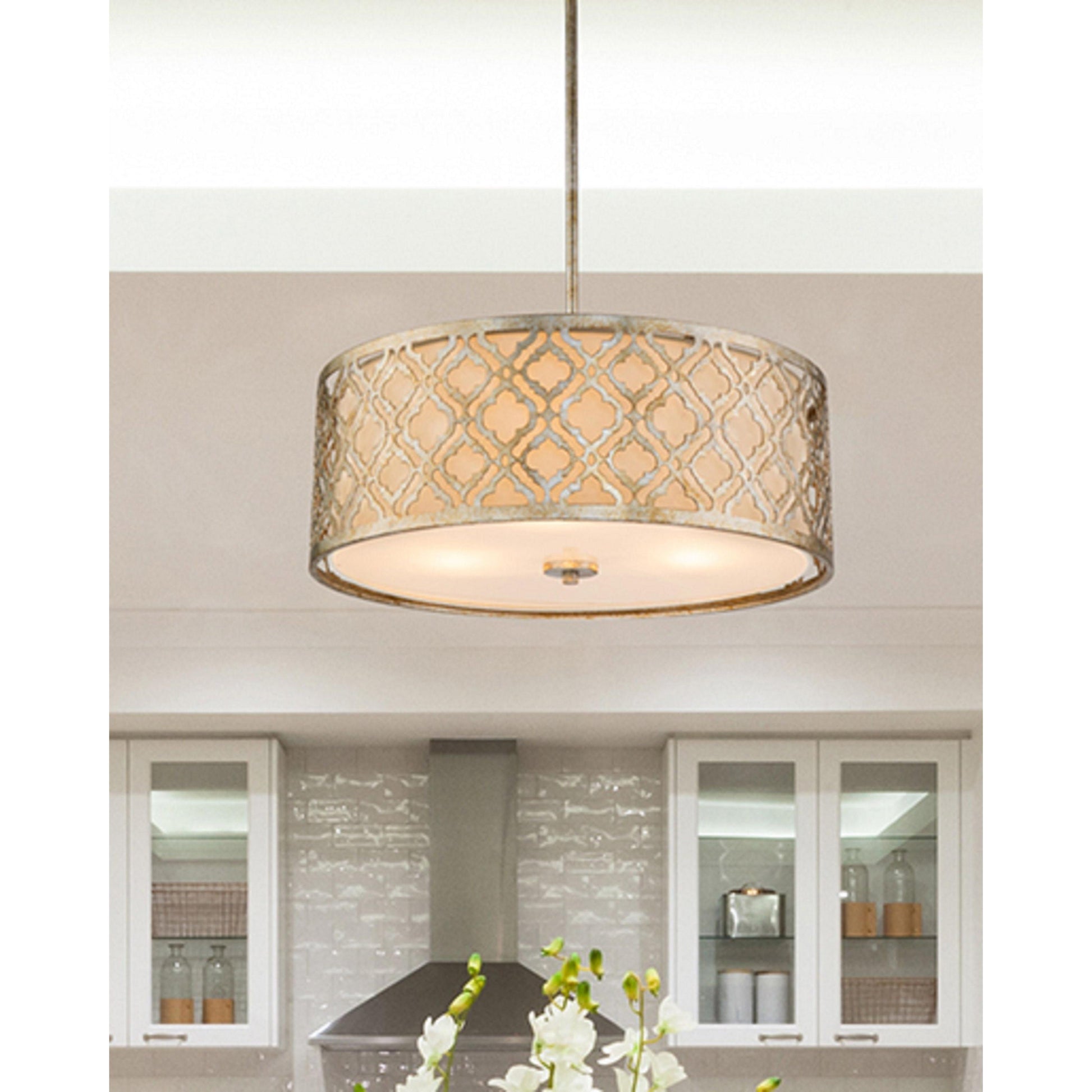 Lucas & McKearn Arabella 3-Light Distressed Silver Large Pendant With Cream Linen Fabric Shade And Glass Diffuser