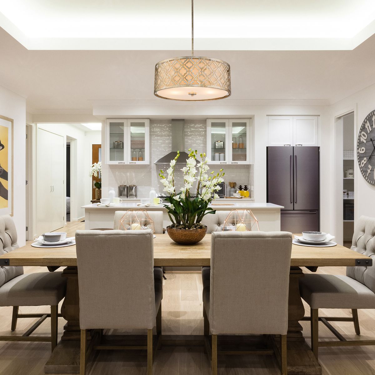 Lucas & McKearn Arabella 3-Light Distressed Silver Large Pendant With Cream Linen Fabric Shade And Glass Diffuser