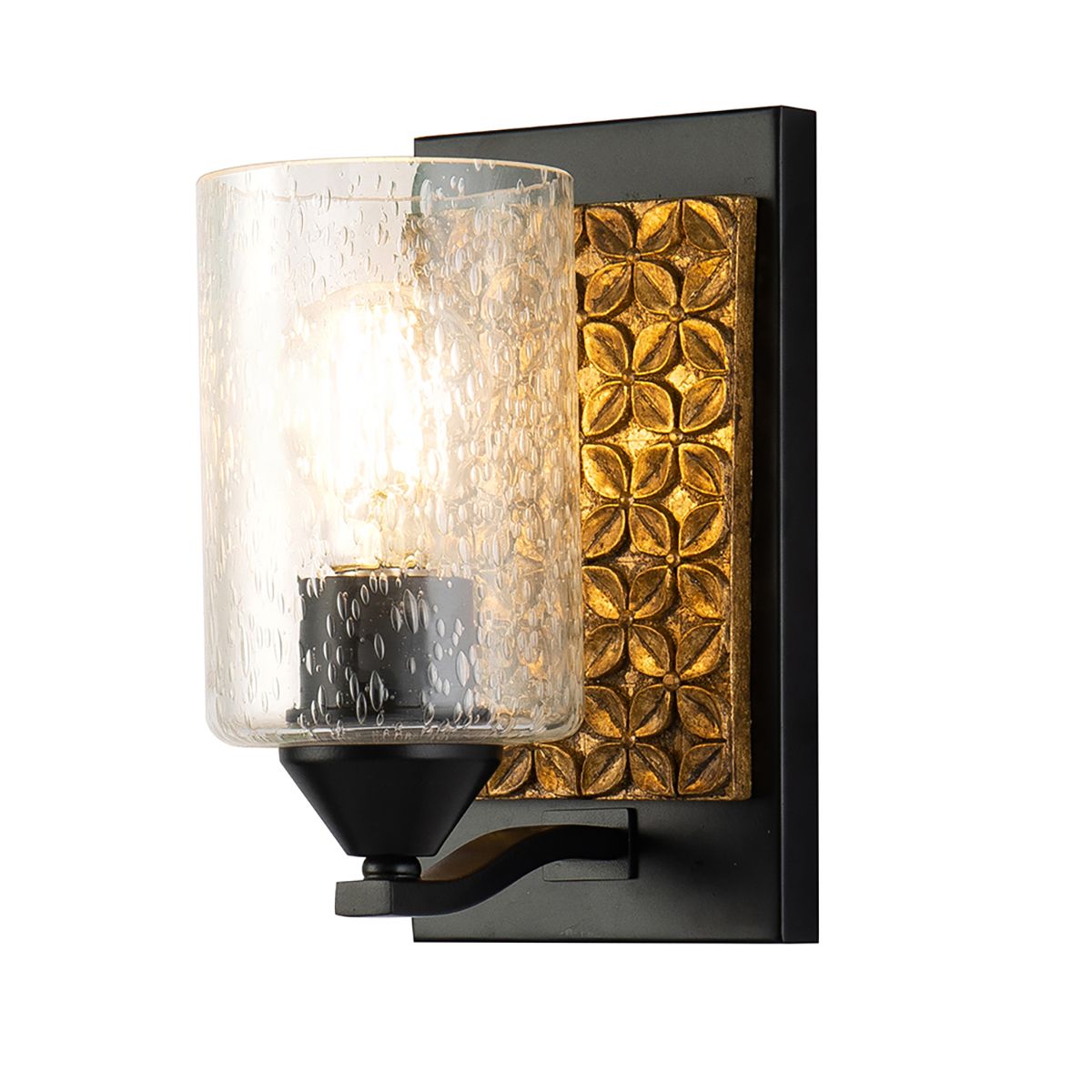 Lucas & McKearn Arcadia 1-Light Matte Black & Antique Gold Wall Light With Seeded Clear Glass Cylinder Shade