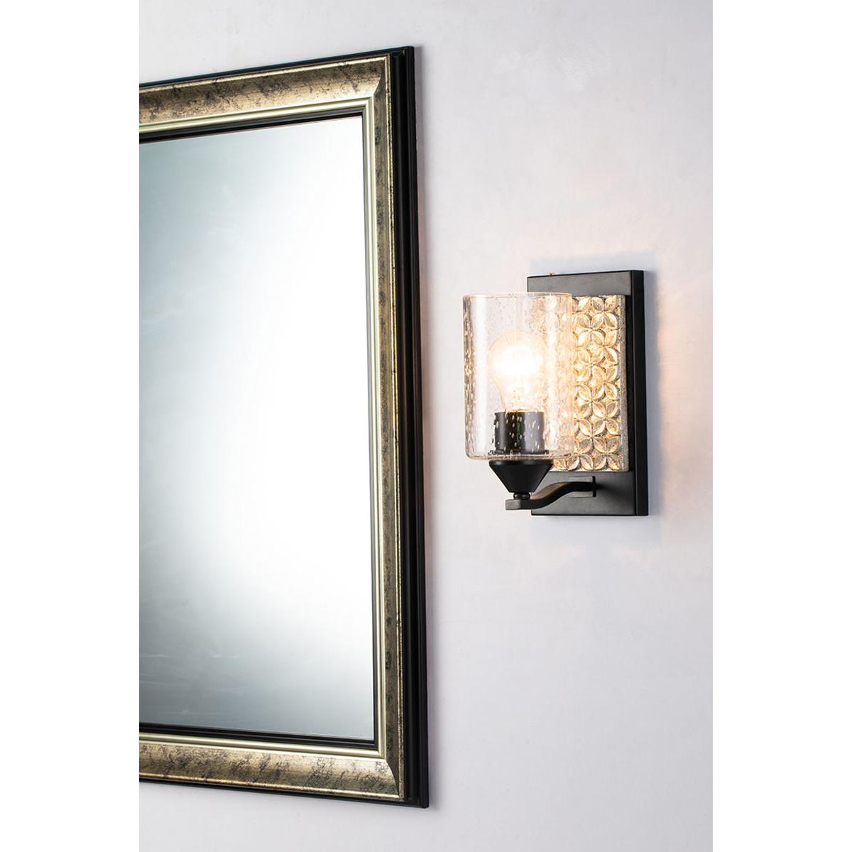 Lucas & McKearn Arcadia 1-Light Matte Black & Antique Silver Wall Light With Seeded Clear Glass Cylinder Shade