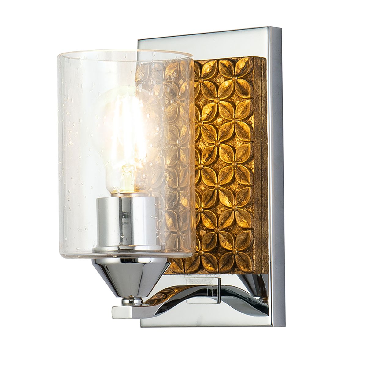 Lucas & McKearn Arcadia 1-Light Polished Chrome & Antique Gold Wall Light With Seeded Clear Glass Cylinder Shade