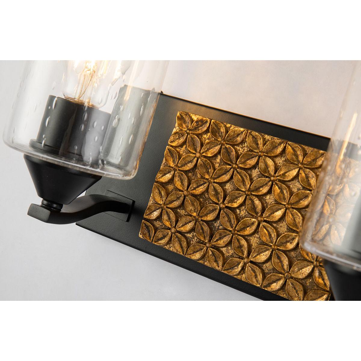 Lucas & McKearn Arcadia 2-Light Matte Black & Antique Gold Wall Light With Seeded Clear Glass Cylinder Shade
