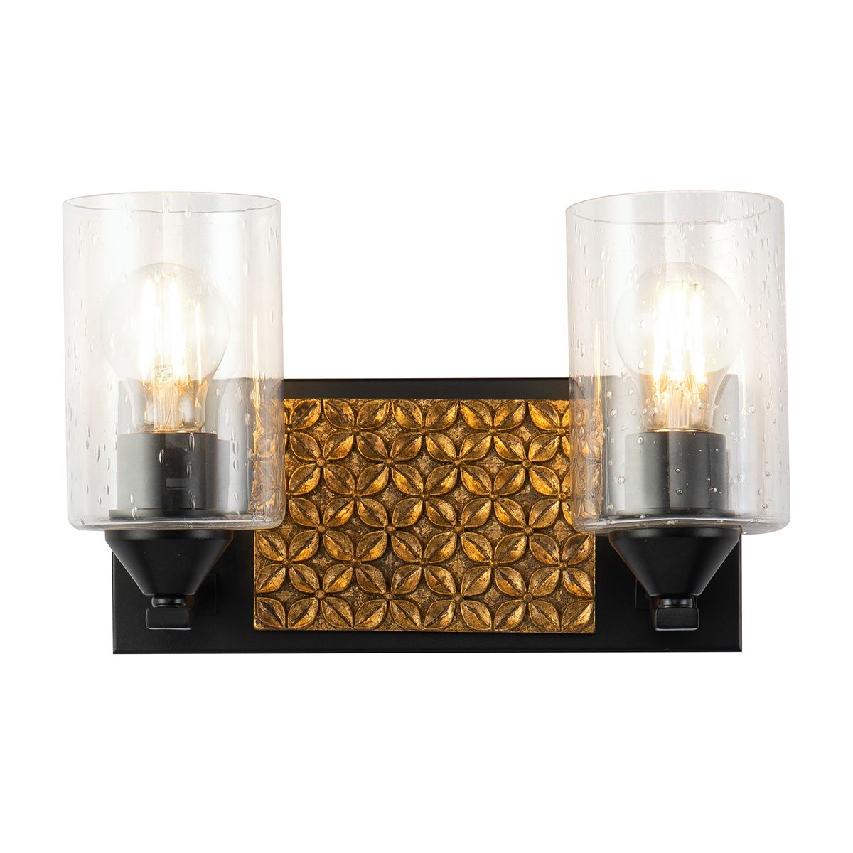 Lucas & McKearn Arcadia 2-Light Matte Black & Antique Gold Wall Light With Seeded Clear Glass Cylinder Shade