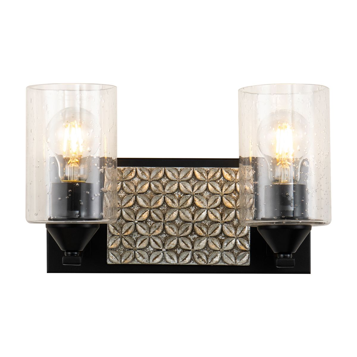 Lucas & McKearn Arcadia 2-Light Matte Black & Antique Silver Wall Light With Seeded Clear Glass Cylinder Shade