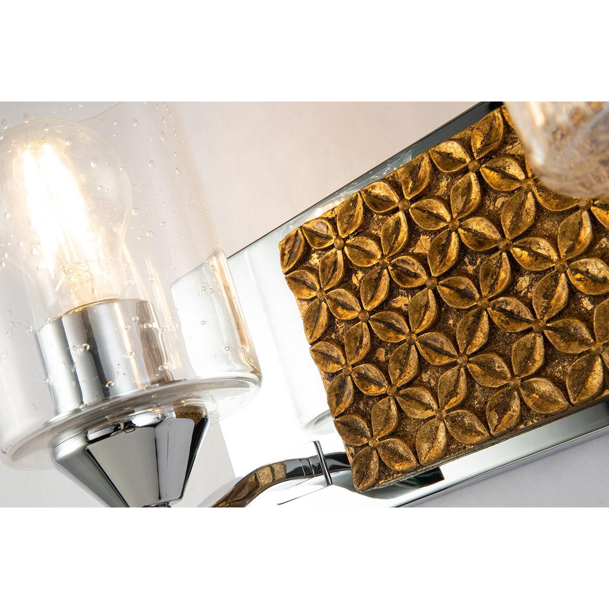 Lucas & McKearn Arcadia 2-Light Polished Chrome & Antique Gold Wall Light With Seeded Clear Glass Cylinder Shade