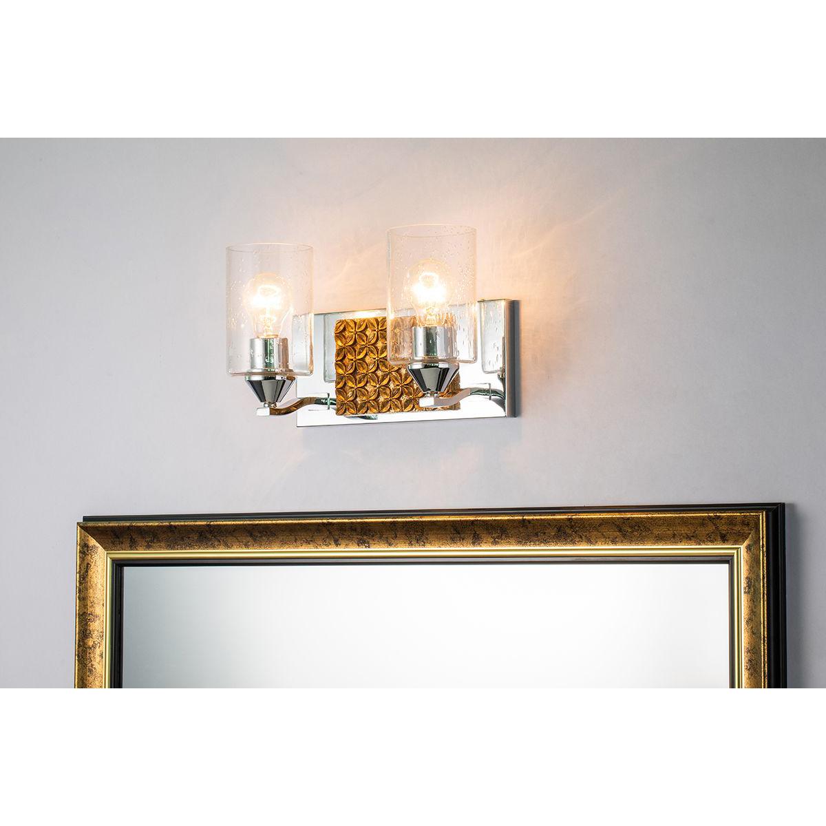 Lucas & McKearn Arcadia 2-Light Polished Chrome & Antique Gold Wall Light With Seeded Clear Glass Cylinder Shade