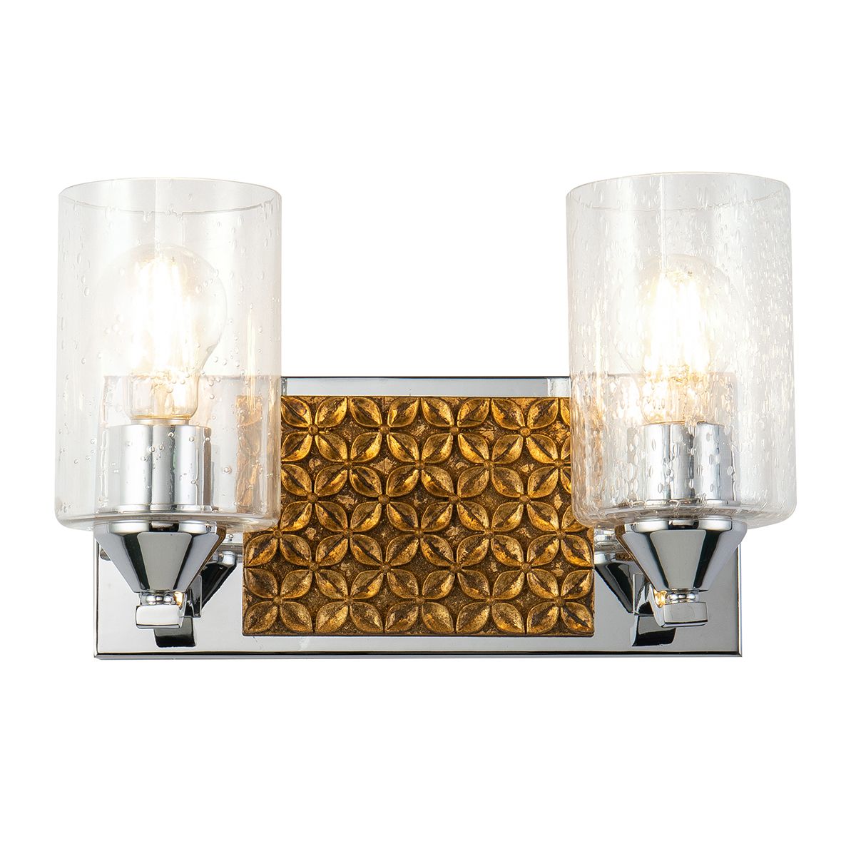 Lucas & McKearn Arcadia 2-Light Polished Chrome & Antique Gold Wall Light With Seeded Clear Glass Cylinder Shade