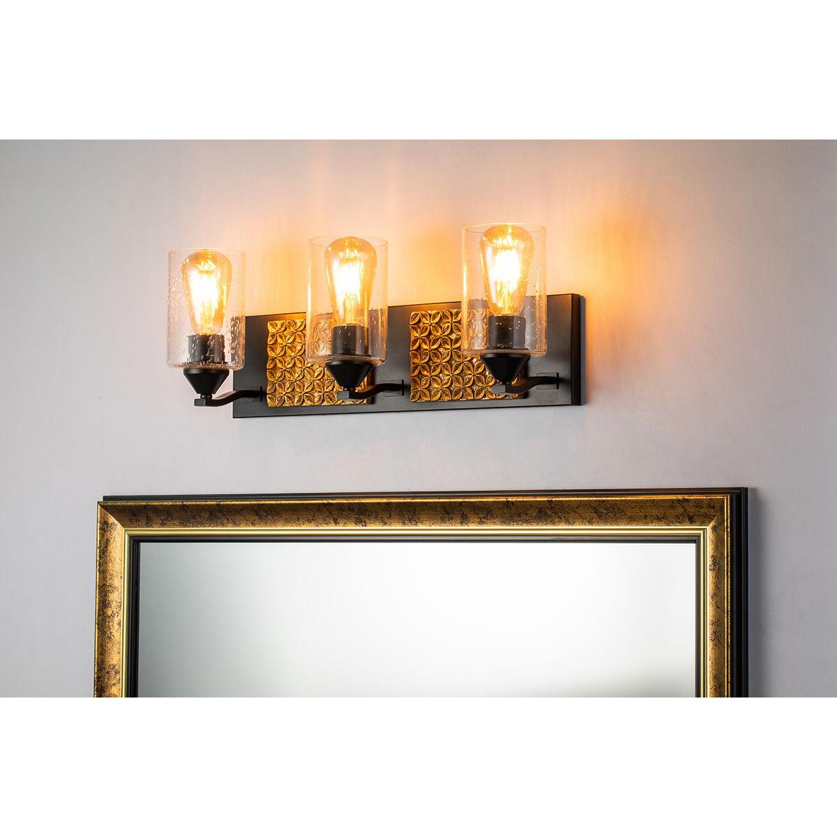 Lucas & McKearn Arcadia 3-Light Matte Black & Antique Gold Wall Light With Seeded Clear Glass Cylinder Shade