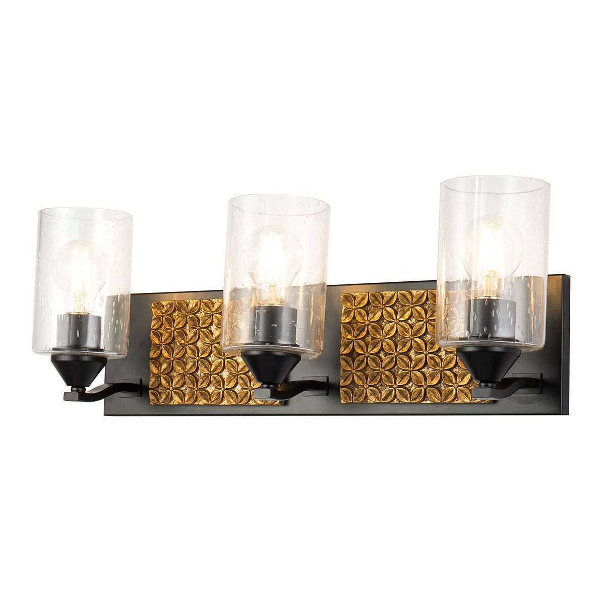 Lucas & McKearn Arcadia 3-Light Matte Black & Antique Gold Wall Light With Seeded Clear Glass Cylinder Shade