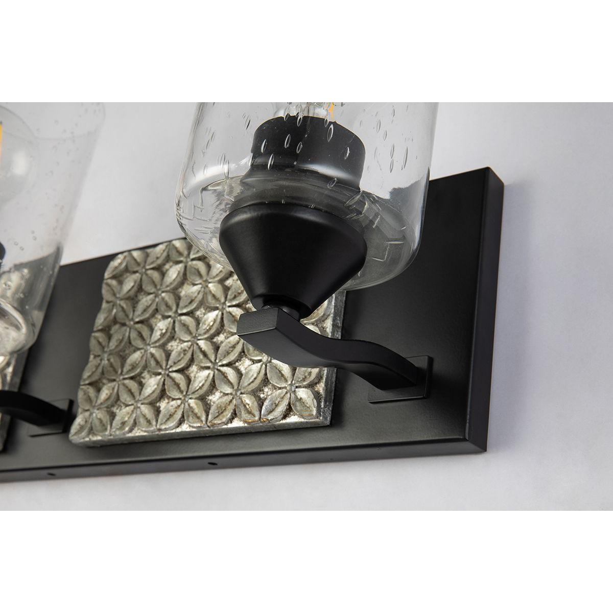 Lucas & McKearn Arcadia 3-Light Matte Black & Antique Silver Wall Light With Seeded Clear Glass Cylinder Shade