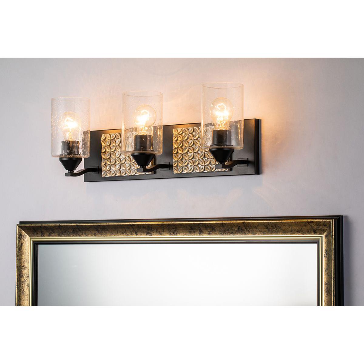 Lucas & McKearn Arcadia 3-Light Matte Black & Antique Silver Wall Light With Seeded Clear Glass Cylinder Shade