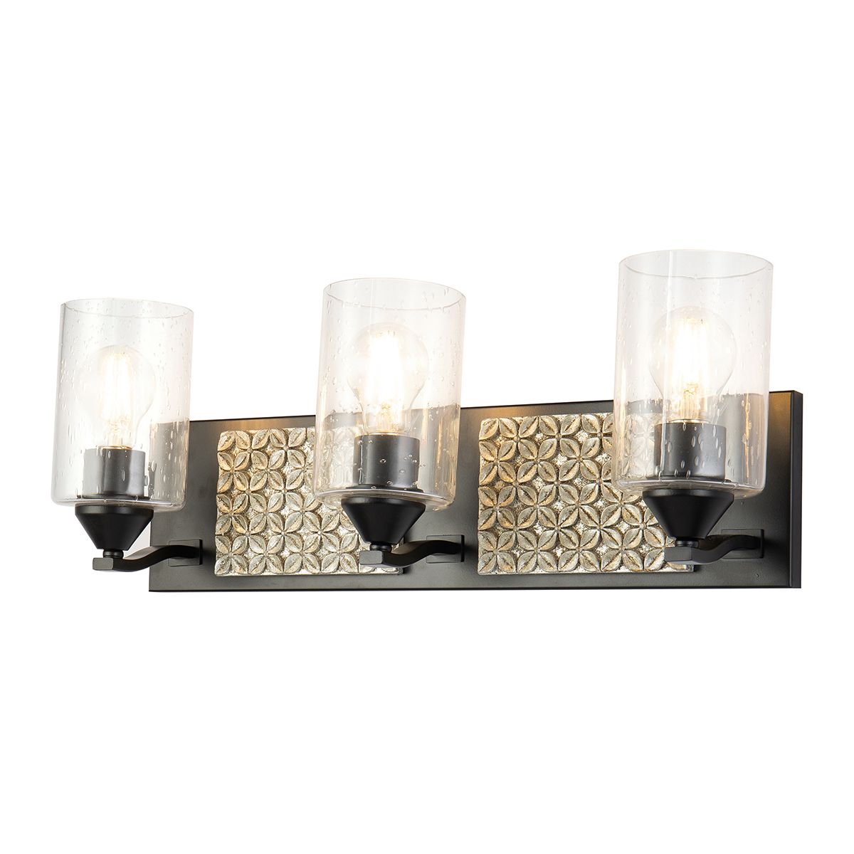 Lucas & McKearn Arcadia 3-Light Matte Black & Antique Silver Wall Light With Seeded Clear Glass Cylinder Shade