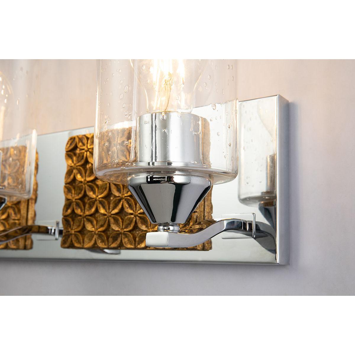Lucas & McKearn Arcadia 3-Light Polished Chrome & Antique Gold Wall Light With Seeded Clear Glass Cylinder Shade