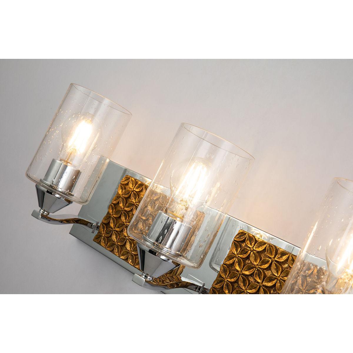 Lucas & McKearn Arcadia 3-Light Polished Chrome & Antique Gold Wall Light With Seeded Clear Glass Cylinder Shade