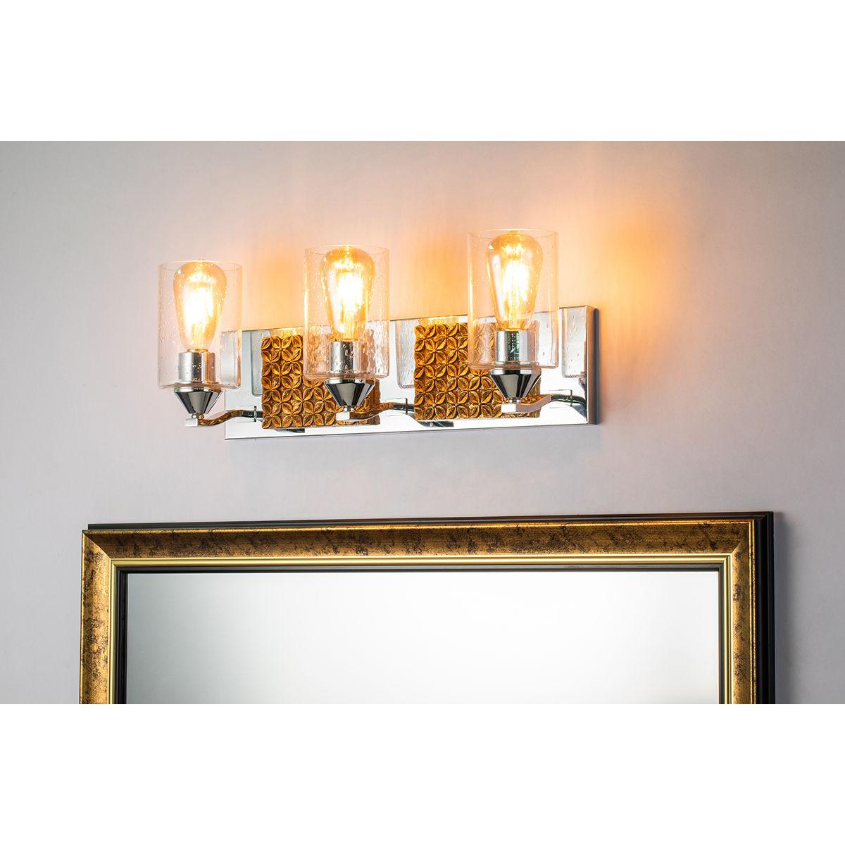 Lucas & McKearn Arcadia 3-Light Polished Chrome & Antique Gold Wall Light With Seeded Clear Glass Cylinder Shade