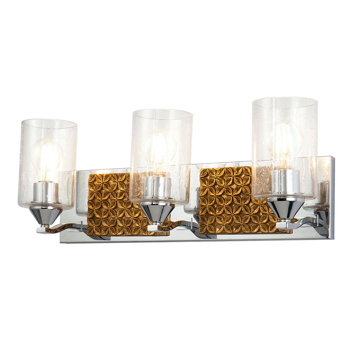Lucas & McKearn Arcadia 3-Light Polished Chrome & Antique Gold Wall Light With Seeded Clear Glass Cylinder Shade