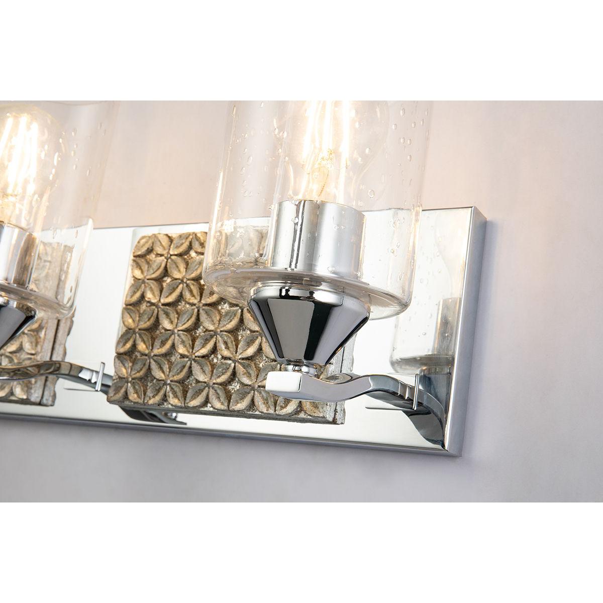 Lucas & McKearn Arcadia 3-Light Polished Chrome & Antique Silver Wall Light With Seeded Clear Glass Cylinder Shade
