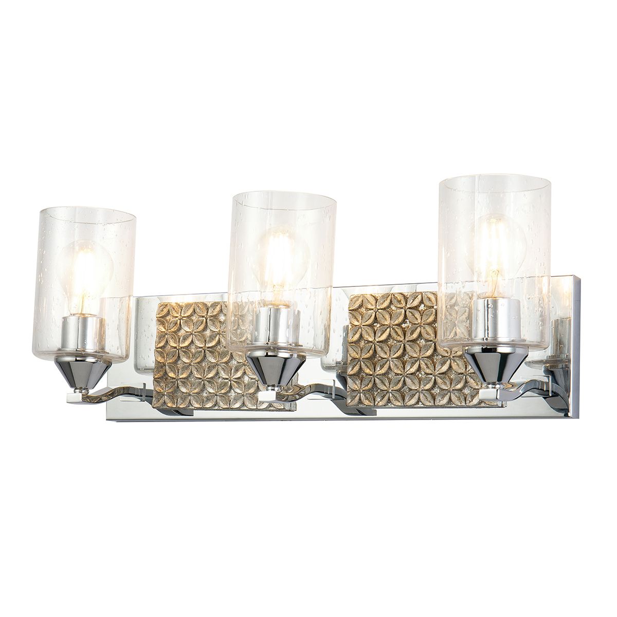 Lucas & McKearn Arcadia 3-Light Polished Chrome & Antique Silver Wall Light With Seeded Clear Glass Cylinder Shade