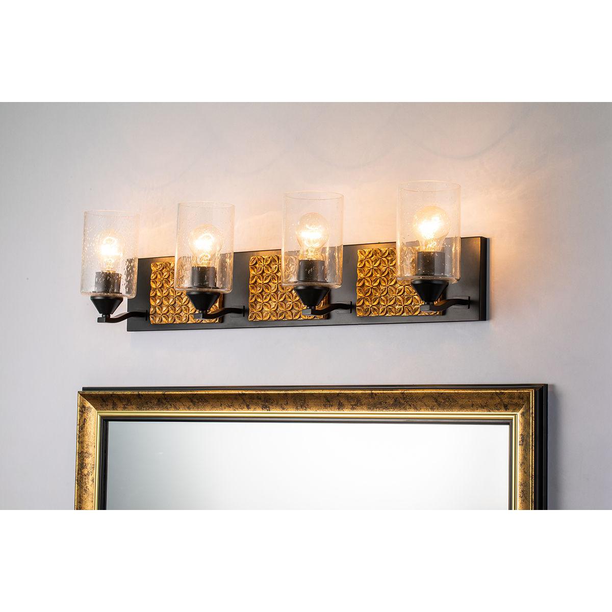 Lucas & McKearn Arcadia 4-Light Matte Black & Antique Gold Wall Light With Seeded Clear Glass Cylinder Shade