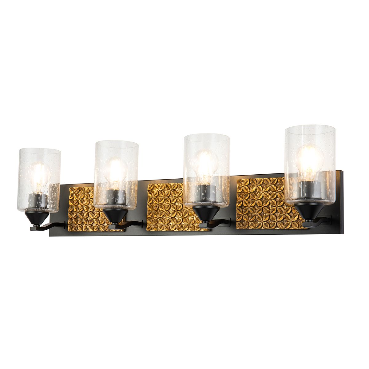 Lucas & McKearn Arcadia 4-Light Matte Black & Antique Gold Wall Light With Seeded Clear Glass Cylinder Shade
