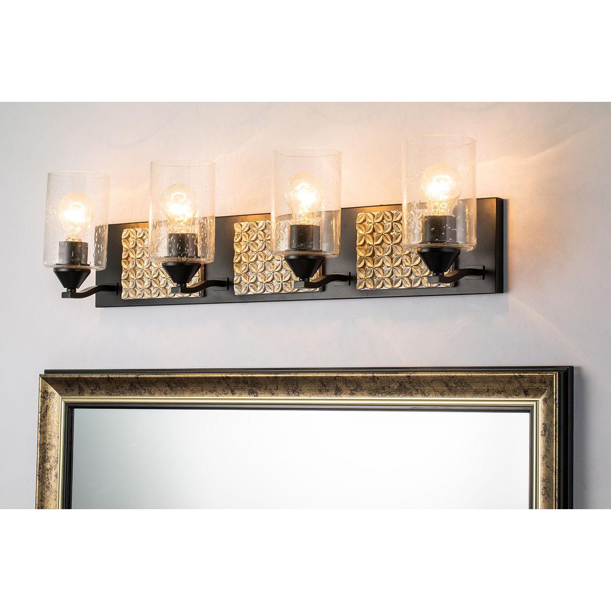 Lucas & McKearn Arcadia 4-Light Matte Black & Antique Silver Wall Light With Seeded Clear Glass Cylinder Shade