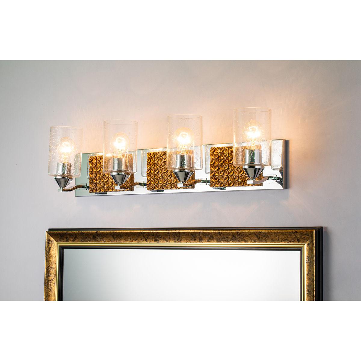 Lucas & McKearn Arcadia 4-Light Polished Chrome & Antique Gold Wall Light With Seeded Clear Glass Cylinder Shade
