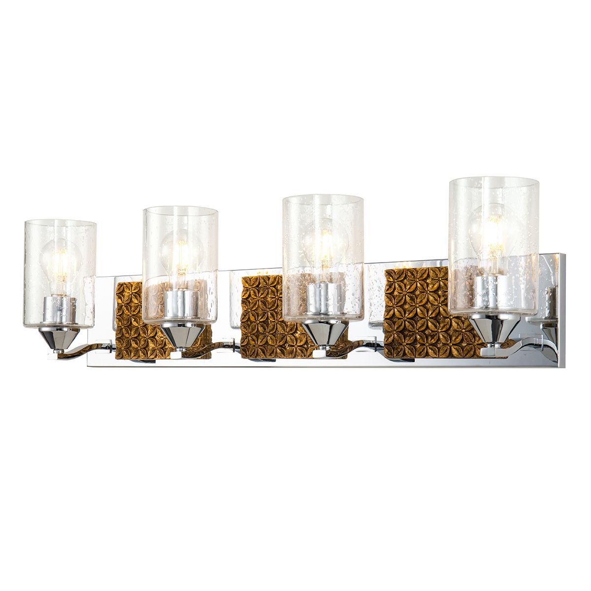 Lucas & McKearn Arcadia 4-Light Polished Chrome & Antique Gold Wall Light With Seeded Clear Glass Cylinder Shade