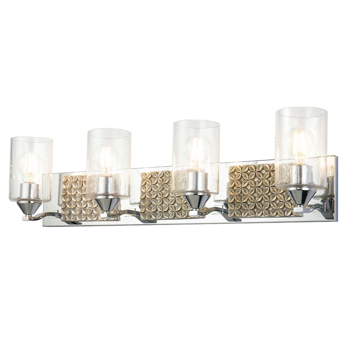 Lucas & McKearn Arcadia 4-Light Polished Chrome & Antique Silver Wall Light With Seeded Clear Glass Cylinder Shade